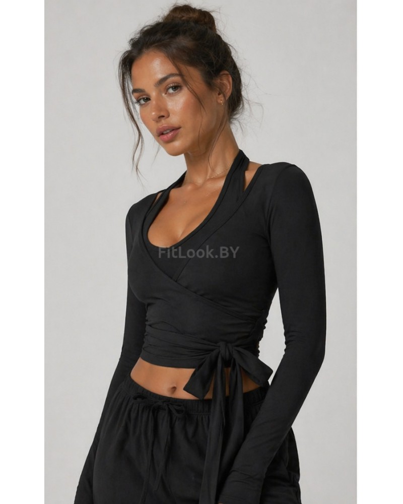 Лонгслив на завязках с имитацией запаха WRAP Black