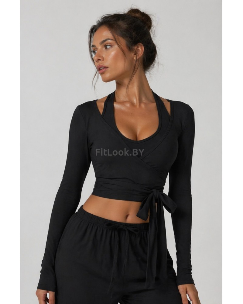 Лонгслив на завязках с имитацией запаха WRAP Black